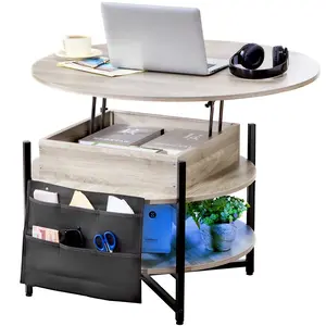 summervibes VEVOR Lift Top Coffee Table, 35.3 in Round Coffee Table with Extra Storage Pockets, Pop Up Coffee Table for Living Room, White