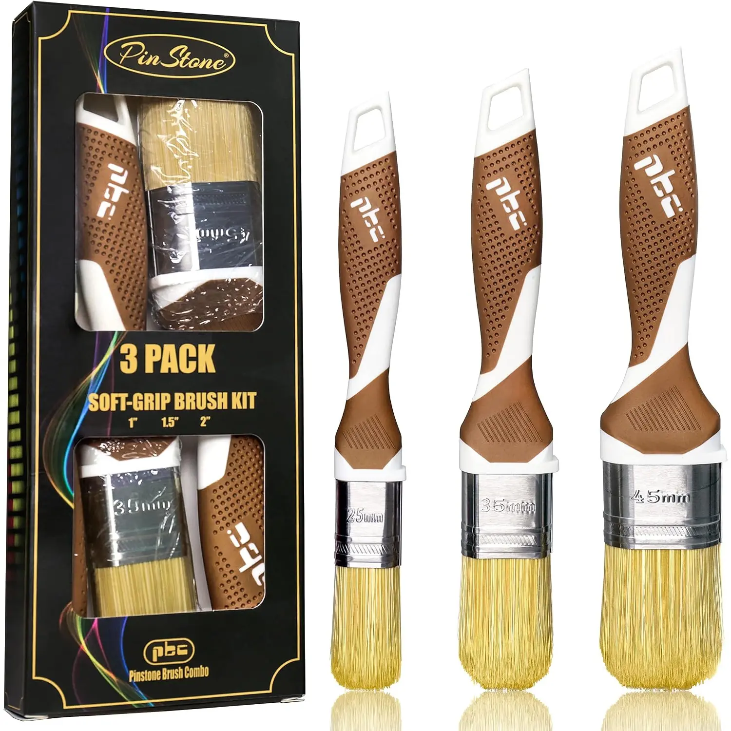 3 Pack Brushes Set, 1", 1.5", 2" Synthetic Bristles, Easy-Grip Handle, Furniture Cabinet Brush, Chalk Brush,-, Large Absorption