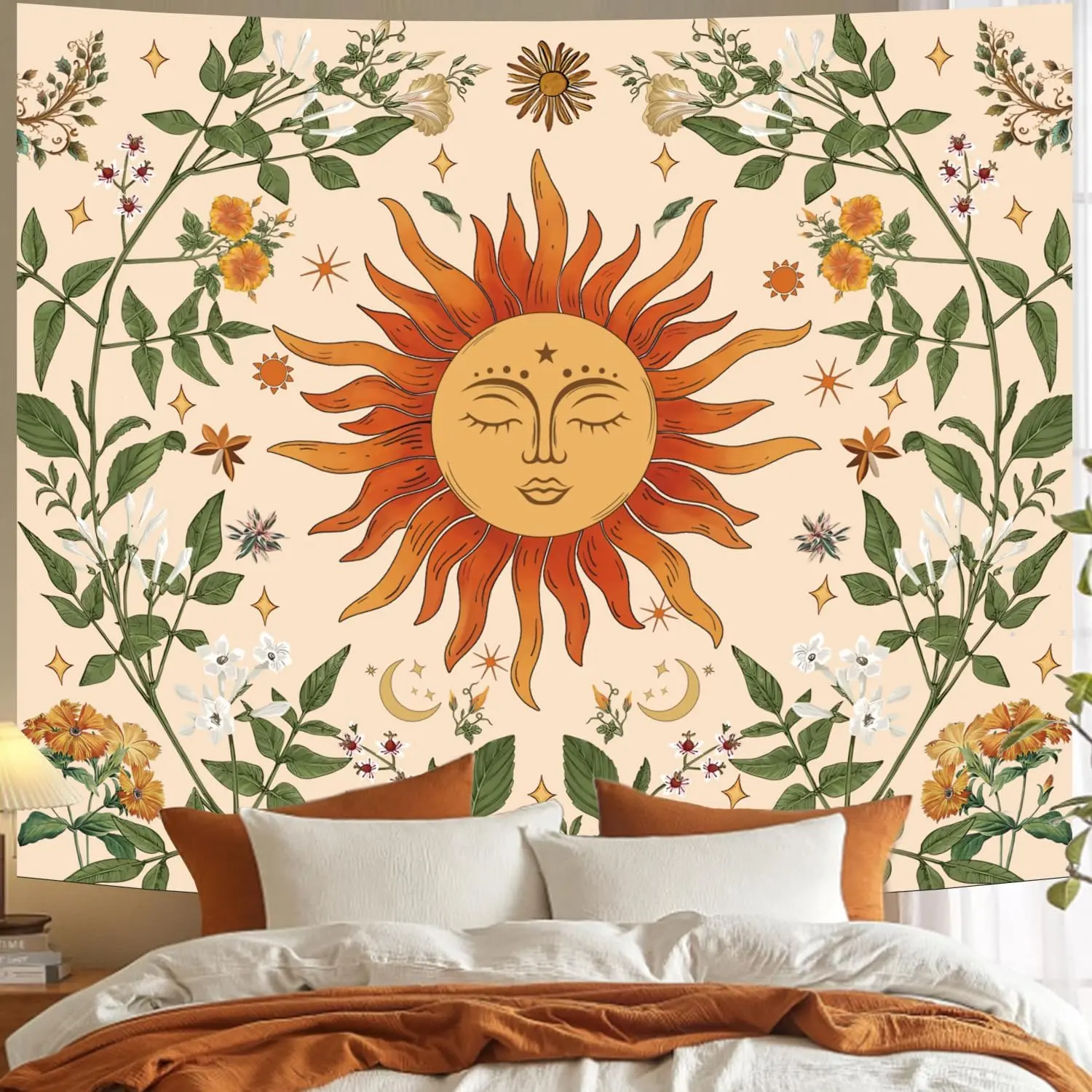 Avinyl Boho Sun Wall Tapestry for Bedroom, Bohemian Sun Flowers Hippie Tapestries Aesthetic, Vintage Orange Hippie Wall Hanging for Living Room Dorm Office Home Decor 51in X 60inchic design  room bedroom
