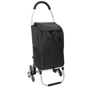 Shopping Stair Trolley with Wheels,Trolley Black Foldable Shopping Cart,Removable Shopping Oxford Waterproof Bag,Stainless Steel Triangular Wheels, Black and Blue