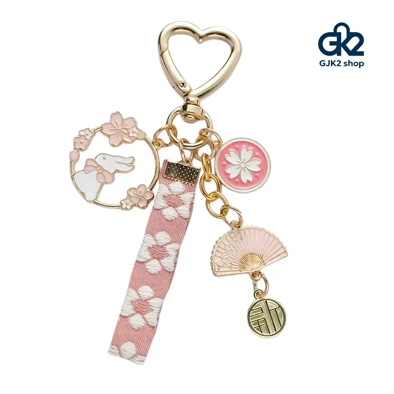 Kawaii Accessories Cute Cherry Blossom Rabbit Keychain - Kawaii Sakura Bunny Bag Charm with Heart Clasp, Aesthetic Floral Keyring for Girls, Sweet Small Gift with Black Tassel Long Earrings