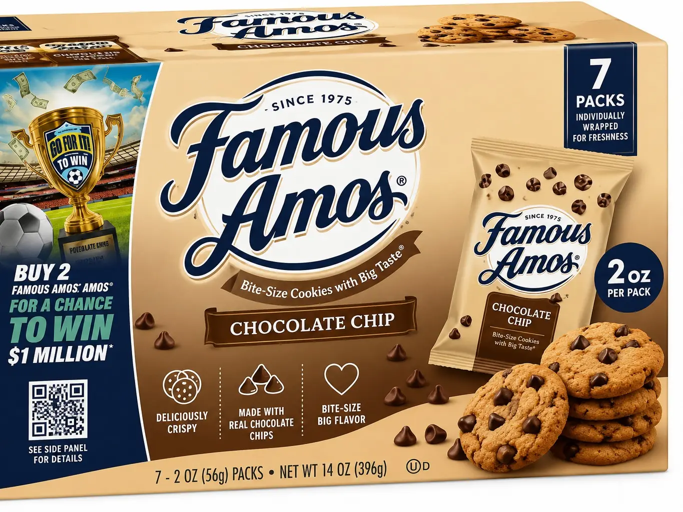 Famous Amos Chocolate Chip Cookies, 2 oz Individual Bags (7-Pack) – Bite-Size Chocolate Chip Cookies, Individually Wrapped On-the-Go Snack Packs