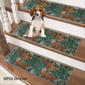 Tiger Pattern Stair Mat, 10pcs/set Non-slip Stair Carpet, Foldable & Machine Washable Stair Step Rug, Animal Print Home Decor Rugs, Decorative Carpet for Home Living Room & Bedroom