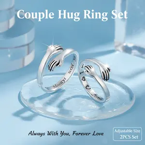 Couples Hug Ring Set – Adjustable Open Band with 3D Embracing Hands & Inner Engraving Always I ♥ U Forever | Romantic Gift for Him & Her
