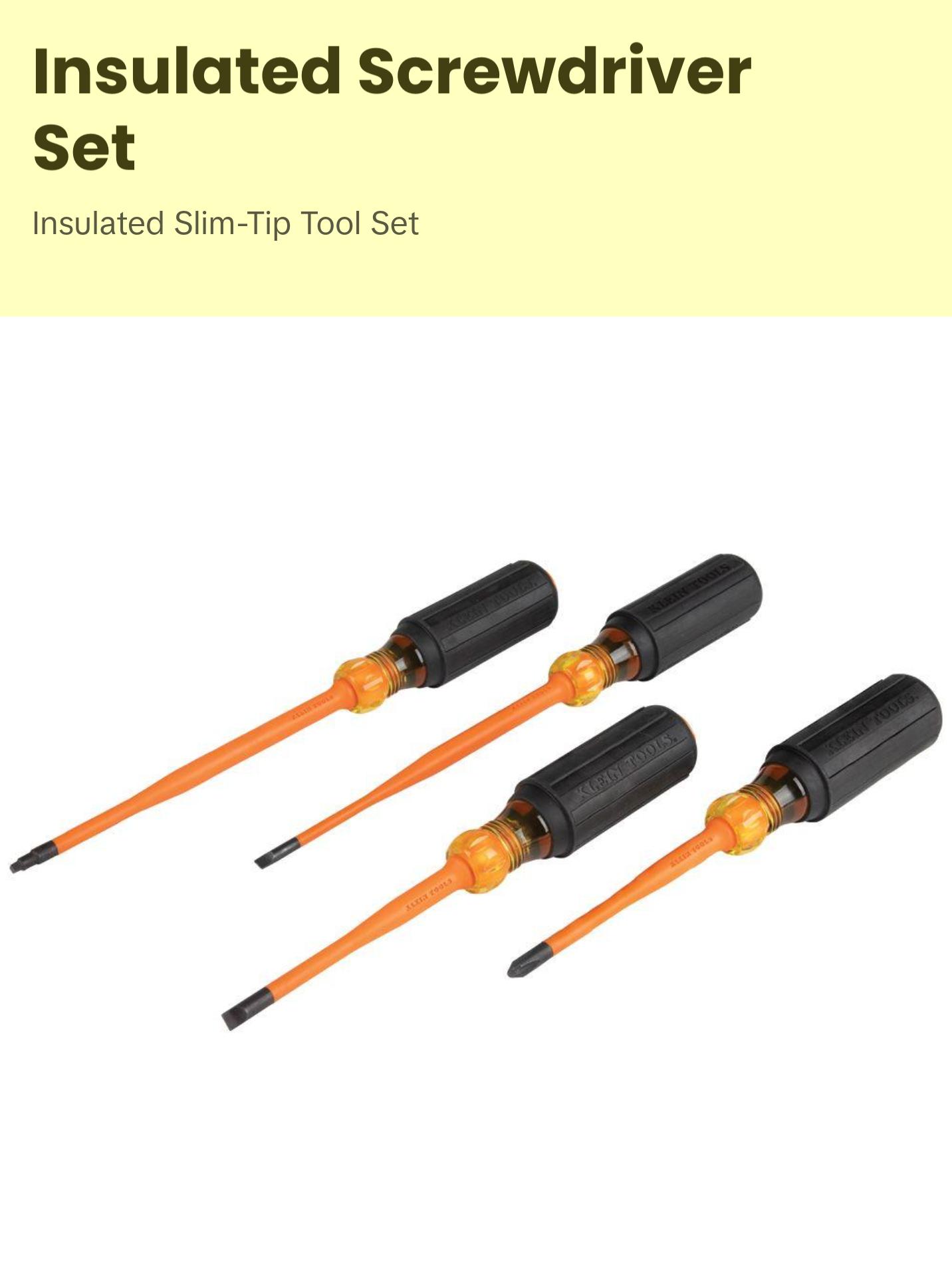 Klein Tools 33734INS Screwdriver Set, Slim-Tip Insulated Phillips, Cabinet, Square, 4-Piece
