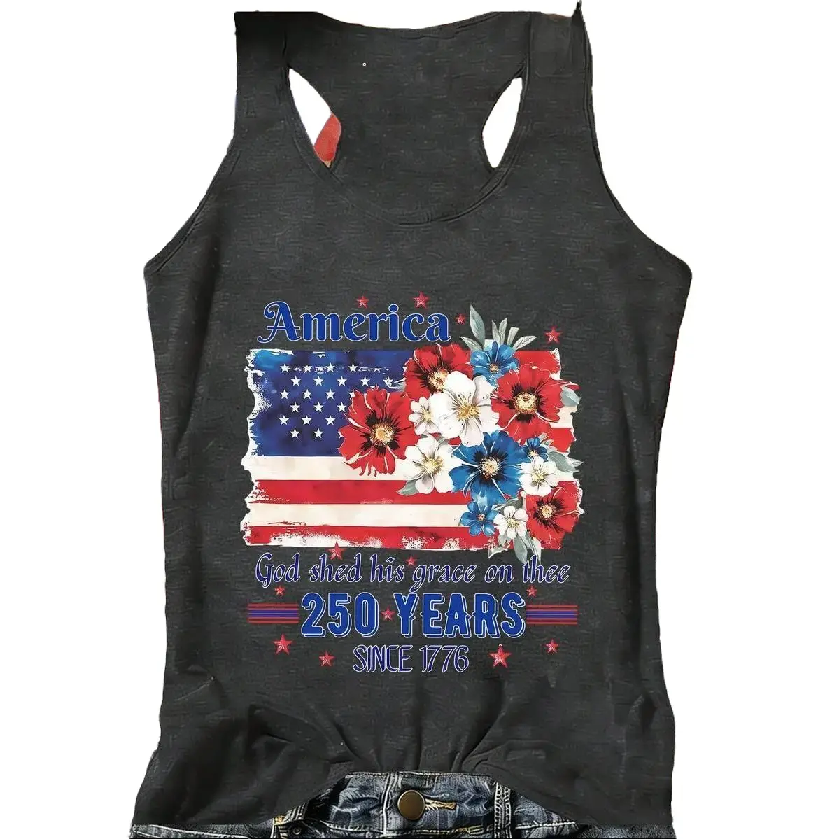 America 250th Anniversary Floral Patriotic Graphic Tank Tops Women, Vintage USA Flag Floral Print Racerback Tank, Summer Tops, 4th Of July Outfit