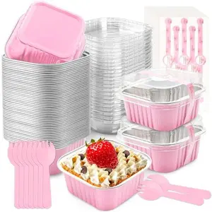 50 Pcs Mini Cake Pans with Lids and Spoons, Pink Aluminum Foil Baking Cups, Disposable Square Ramekins, Mini Dessert Cups, Mini Loaf Pans, Foil Baking Pans for Cakes Brownies Pudding Cheesecake Party Wedding 5oz
