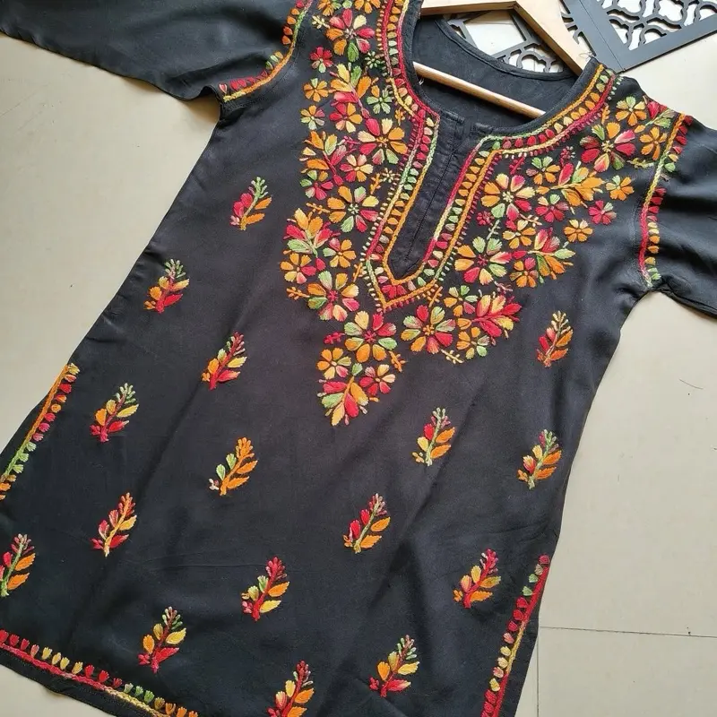 Black Handcrafted Multi-Thread Lucknowi Chikankari 2pcs Set with Chikankari work Rayon fabric, Short kurti & Full Flair Solid black plazzo.