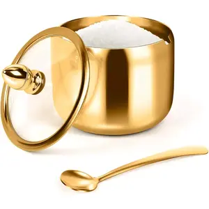 Stainless Steel Seasoning Jar with Glass Lid & Spoon, 1 Count Wide Mouth Design Seasoning Jar, Household Salt Jar, Kitchen Dry Ingredient Storage Container, Condiment Container, Cooking Utensils