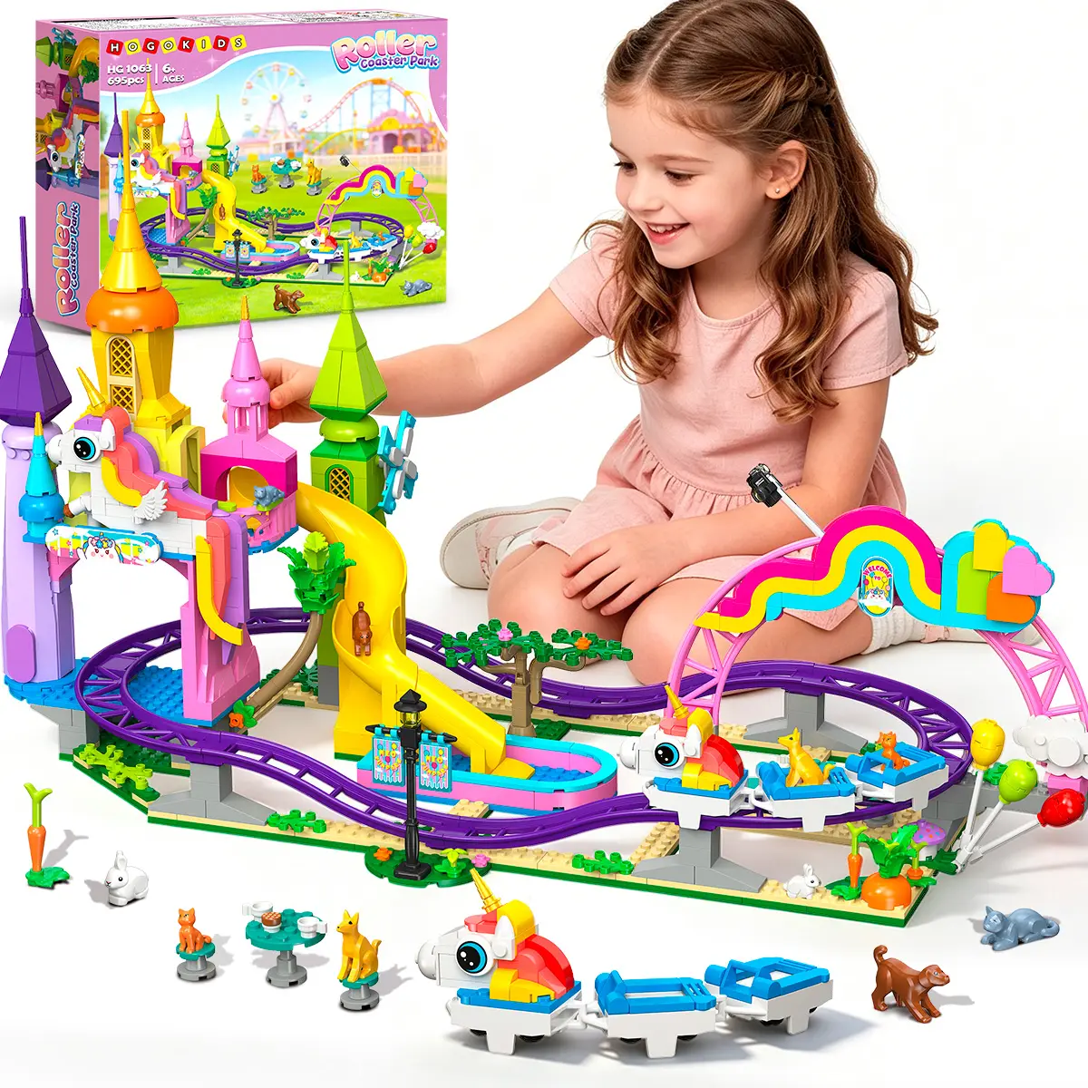 HOGOKIDS Friends Roller Coaster Building Set for Kids Girls Boys Age 6-12yr | Rollercoaster Building Blocks with Castle, Horned Cutie Carriage, 695PCS Adventure Park Animals Set Birthday Gift for Girls