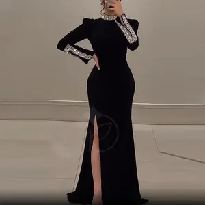 Elegant Women’s Solid Color High-Slit Long-Sleeve Slim Turtleneck Evening Gala/Banquet Dress with Rhinestones