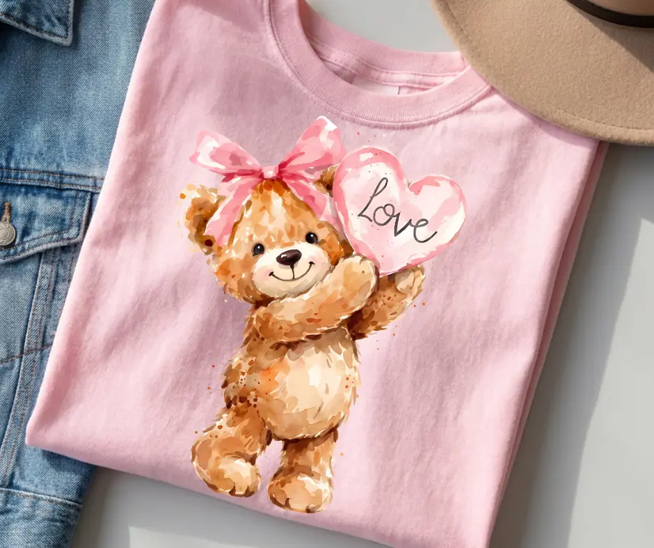 Gildan Softstyle Tee's Valentines Day Bear T Shirt Pink Cute Design Comfortable Everyday Wear