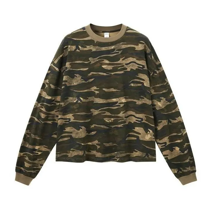 Inflation Men's Camouflage Long-Sleeve Cotton Graphic T-Shirt - Cropped, Boxy, Loose Crew Neck Streetwear Casual Menswear for Outdoor Wear | Fashion Apparel, Graphic Clothing, Long Sleeve Tops, Everyday Tops, Versatile Mens Clothing, Basic Men's Long Slee