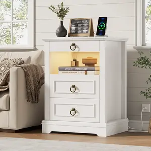HOSTACK LED Nightstand with Charging Station, 3 Drawers Bedside Table with Open Shelf, Storage Space, Wood Bed Side Table for Bedroom