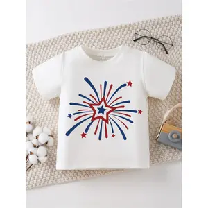 SHOWTLY Brand, T-Shirt, Firework Starburst Pattern Print, Patriotic Theme, Comfortable And Soft, Round Neck, Casual And Fashionable, Suitable for Daily Activities/Kids Clothes Girls