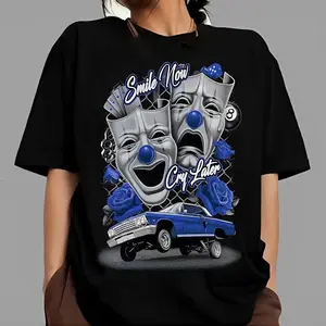Smile now cry later Blue roseChicano Clothing, Chicana Art, Cholo Chola outfit Cotton Fabric Womenswear Casual, Streetwear hoodie T-Shirt S-3XL