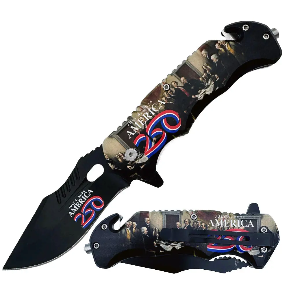 Rescue Multifunctional Folding Knife for Adults, 3.75" Stainless Steel Camping Blade with Declaration of Independence Print and Glass Breaker