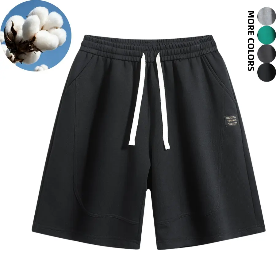 One piece men’s knit shorts with contrast drawstring and small label, cotton content included; urban casual style with matte solid color, featuring a cream drawstring and side seam with small fabric tag. Soft knit fabric—ideal for men’s commuting, strolli
