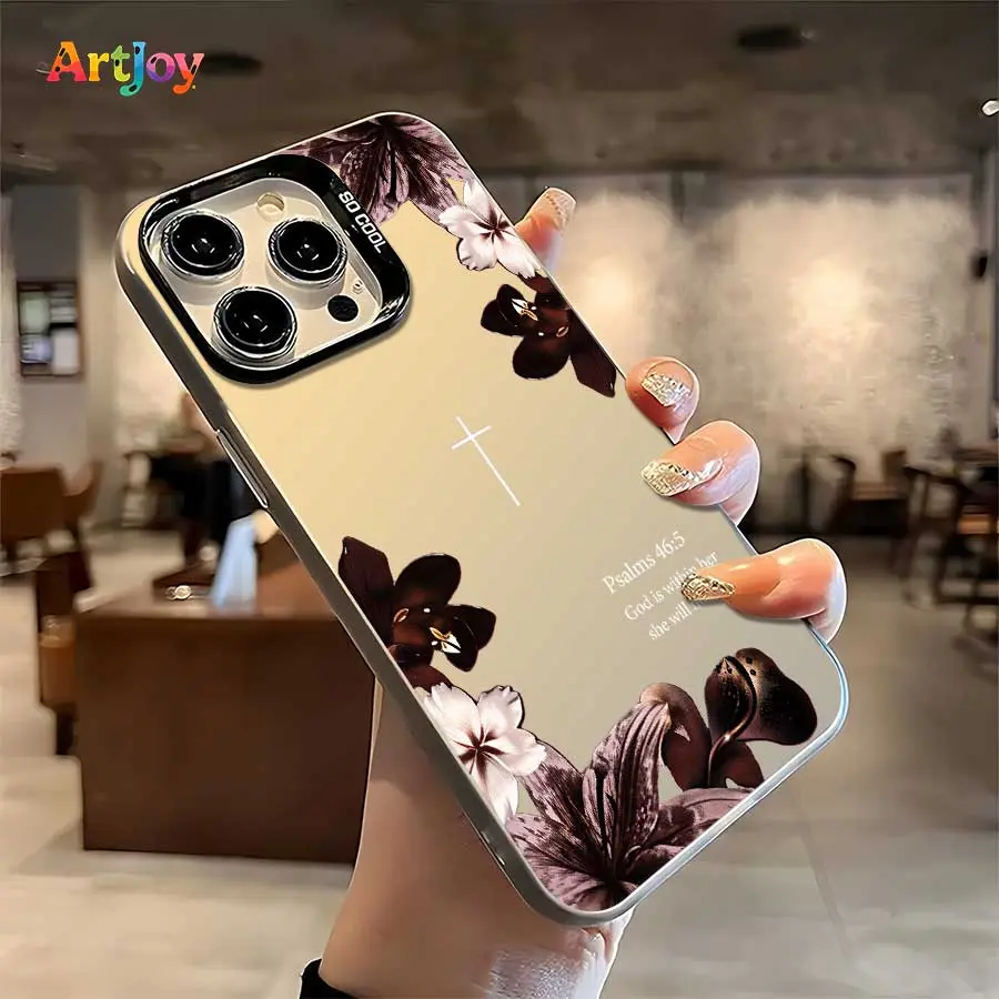 TPU Soft Protect Cover for iPhone Series (17 Pro Max,16,16 Plus,15,14,13,12) - Vintage Dark Flowers, Cross & Psalm Text Minimal Illustration Shockproof Protective Case, Ideal Birthday & Holiday Gift