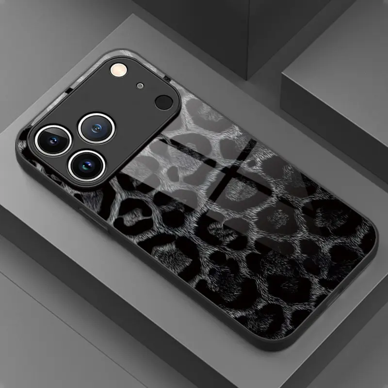 1pc Black and white leopard print plush pattern tempered glass phone case for iPhone 17/17Pro/17ProMax/17Air/16/16Pro/16ProMax/16Plus/16e/15/15Pro/15ProMax/14/14Pro/13/13Pro/12/12Pro/12ProMax/11/11Pro, fashionable protective case