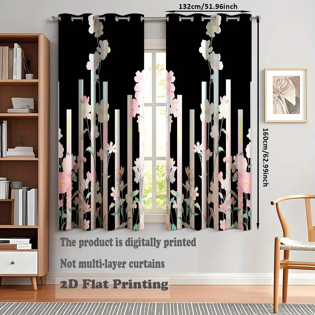 2pcs Floral Striped Curtains for Modern Minimalist Homes, Soft Drapes Perfect for Living Room & Bedroom, Casual Contemporary Style Window Curtain
