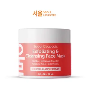 Exfoliating & Cleansing Face Mask - SeoulCeuticals - 2oz Korean K Beauty Hydrating Formula with Kaolin Clay, Charcoal Powder, Organic Aloe & Vitamin B5 for Acne Treatment and Smooth Skin