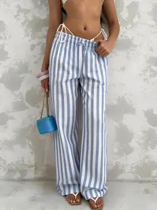 2026 Summer Blue White Striped Low Rise Design Drawstring Wide Leg Cut Pants for Women, Womenswear, Y2K Aesthetic Loose Flowy Linen Blend Casual Trousers, Beach Vacation Streetwear Bottoms, Ideal for Daily Wear, Versatile Usage, Coastal Vibe