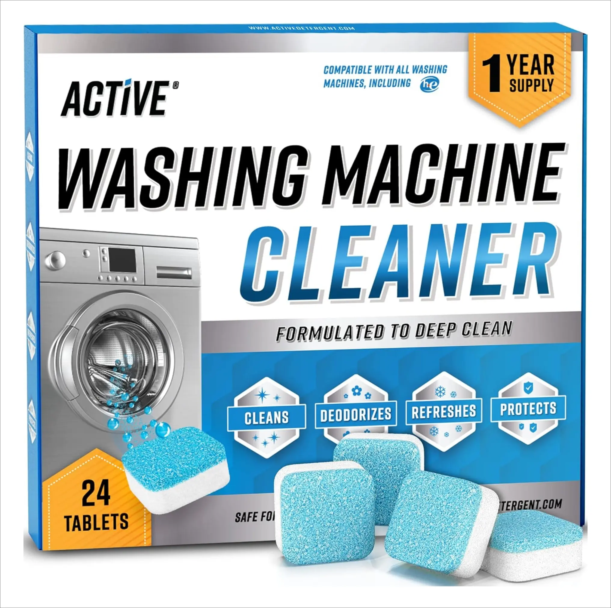 ACTIVE Washing Machine Cleaner Descaler 24 Pack - Deep Cleaning Tablets For HE Front Loader Top Load Washer Deodorizer, Inside Drum And Laundry Seal