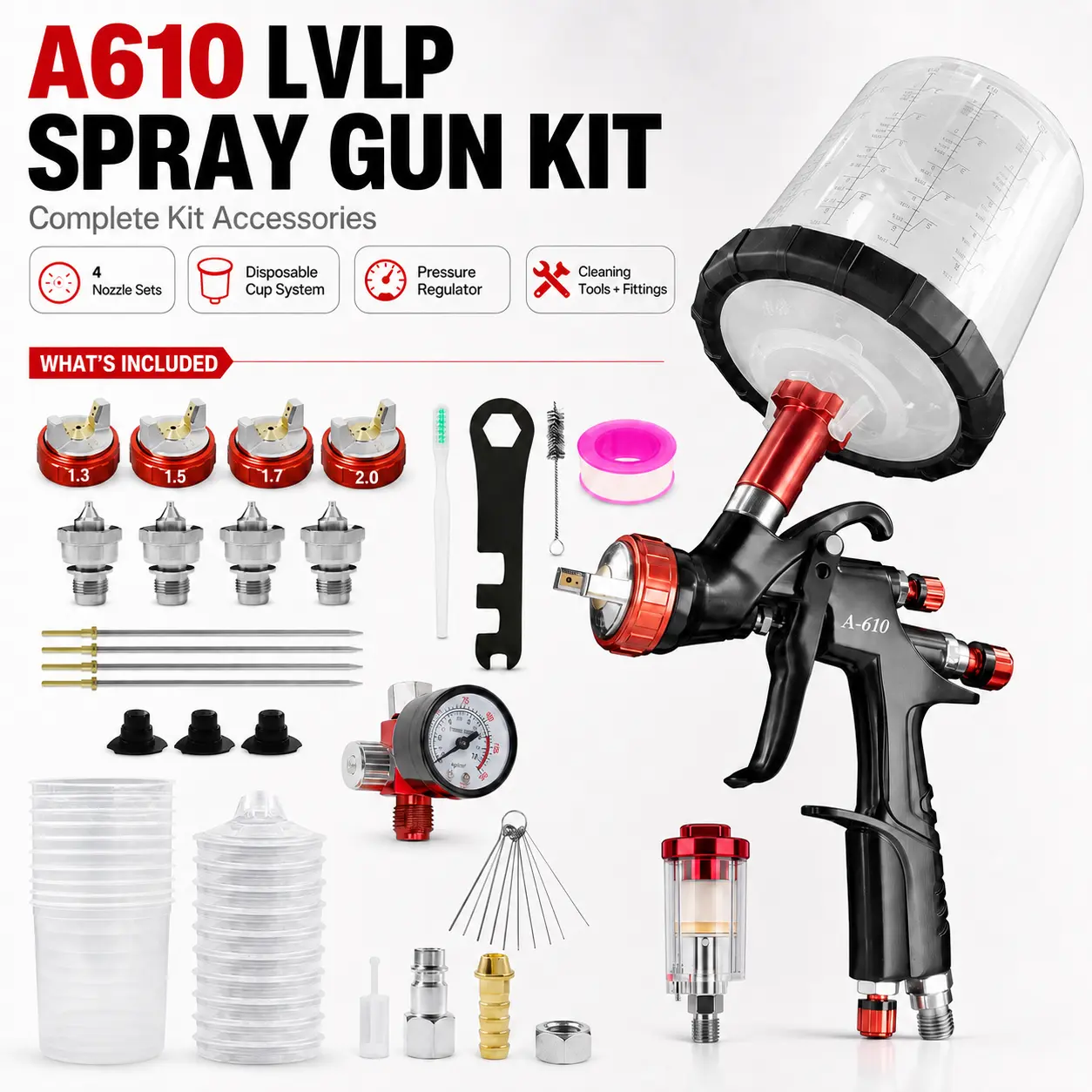 A610 Model LVLP Air Spray Gun Premium Full Kit - Aluminum Body, 1.3/1.5/1.7/2.0mm Nozzles, Air Regulator, 650ml Mixing Cup, 10 Disposable Cups, Adjustable Flow High-Pressure Tool for Auto Painting, Furniture, Car Painting