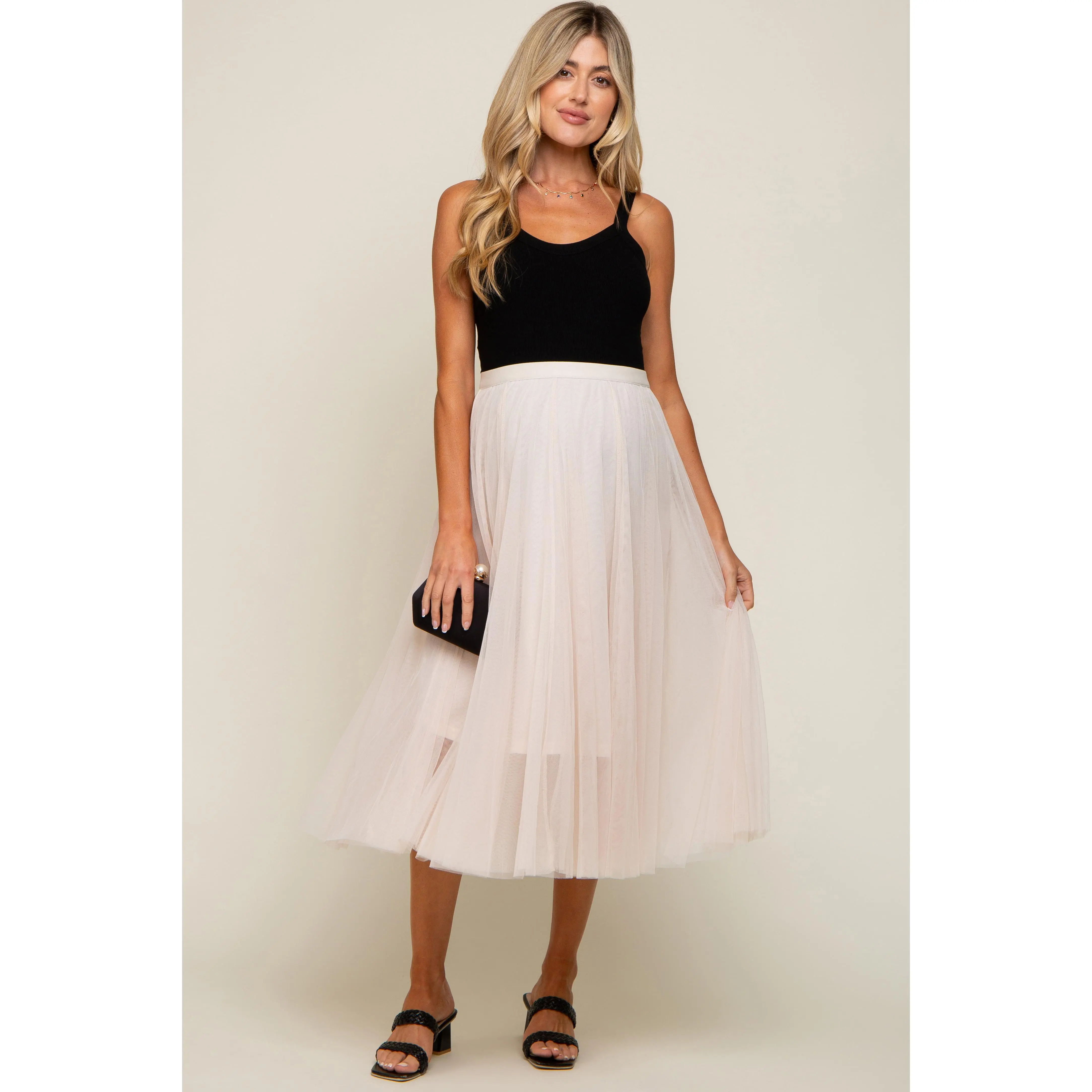 Cream Tulle Maternity Midi Skirt