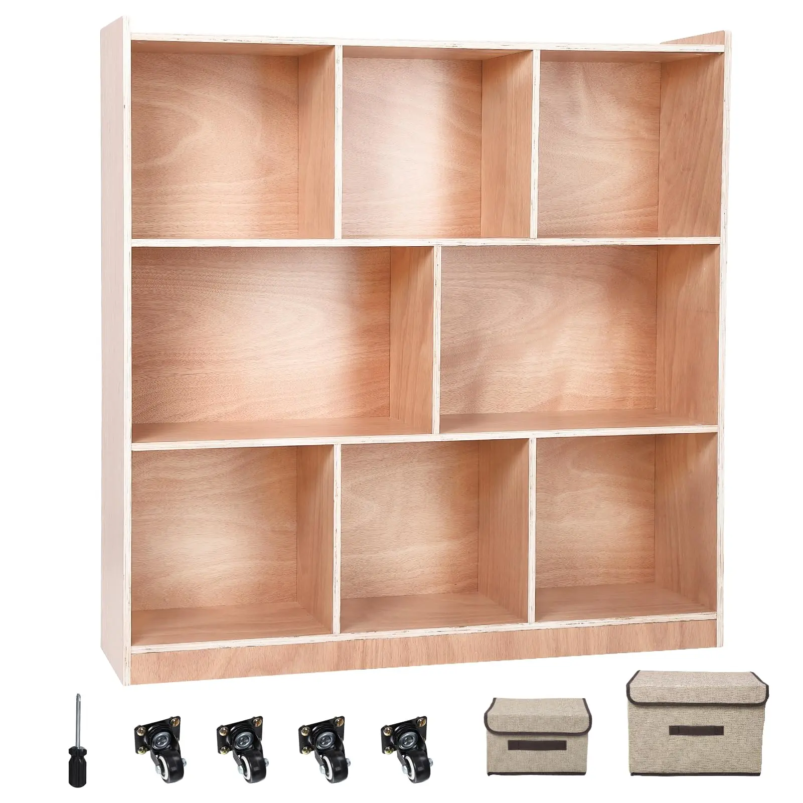 【GARVEE】Solid Wood Storage Cabinet with 8 Compartments, Sturdy Plywood Finish, Anti-Tip Kit, and Casters for Home and School Organization