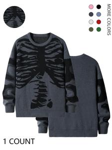 emo outfits men's stylish skeleton print round neck long sleeve fall jumper, loose stylish comfy crew neck sweater, going out outfit, fall sweaters, men knitwear pullover tops, menswear clothes, drippy outfits, fall outfits, fallfreshness