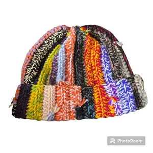 Scrap Yarn Beanie Multicolor Acrylic Hat Handmade Eco-Friendly 11.5 x 11.5 Inches Faux Frayed Ends Unisex Stretch Fabric Winter Skull Cap