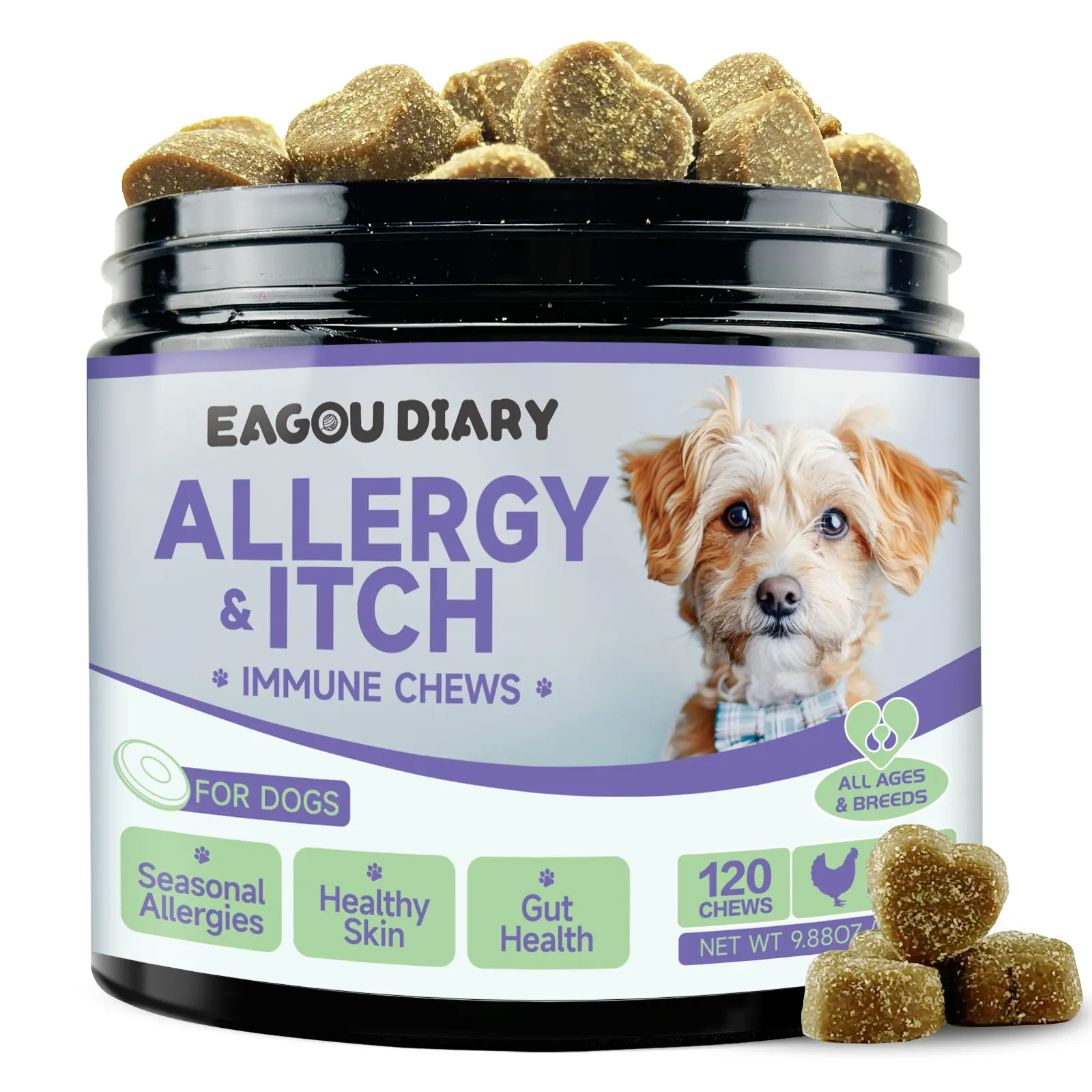 Skin Relief chews, – Chicken Flavor 120chews | Soothes Itching, Supports Healthy Ears & Skin, Allergy Relief for Puppies & Dogs, natural,pet,supplements