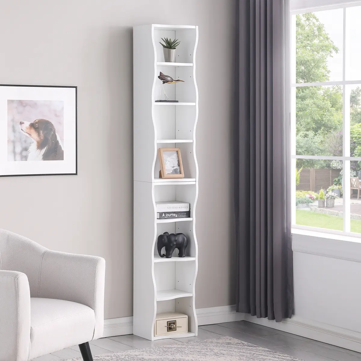 70.9" Slim White Bookshelf - Office & Home 8-Shelf Tall Narrow Organizer with Adjustable Shelves, Double-Decker Commercial Furniture for Books, CDs & Decor