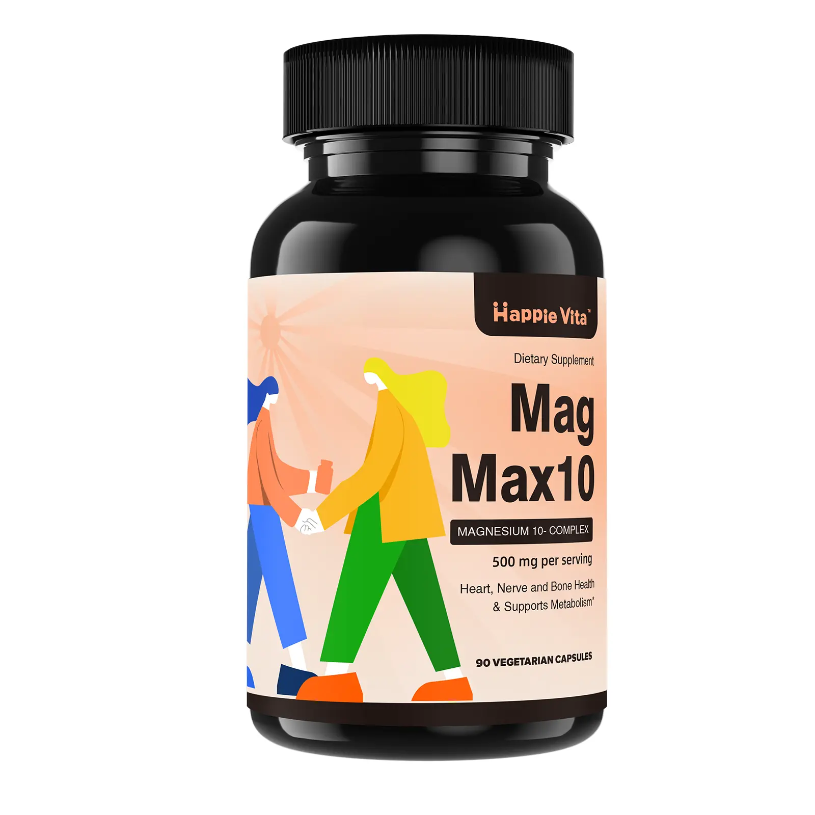 HappieVita MagMax10 Natural Edible Magnesium Complex Supplement - 500mg, 10 Forms (Glycinate, Malate, Citrate) for Optimized Absorption, Supports Sleep, Muscle, Heart & Brain Health, 90 Capsules