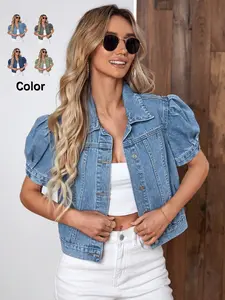 Women's Vintage Bubble Sleeve Denim Jacket, Summer Thin High Waist Crop Top, Casual Fashionable Short Jean Coat for Women