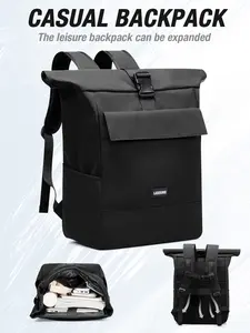 Vintage Simple Roll-Top Backpack, Large Capacity Waterproof Laptop Bag, Fits 16 Inch Laptops, Ideal for College, School, Office, Commuting, Outdoor Sports