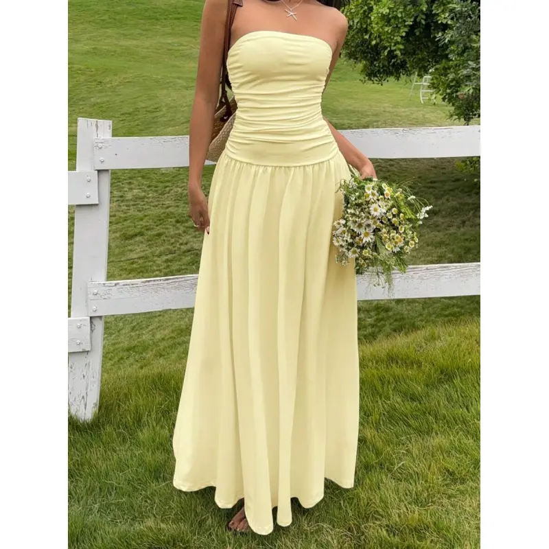 Women's casual long dress, beige, summer, cream yellow dress
