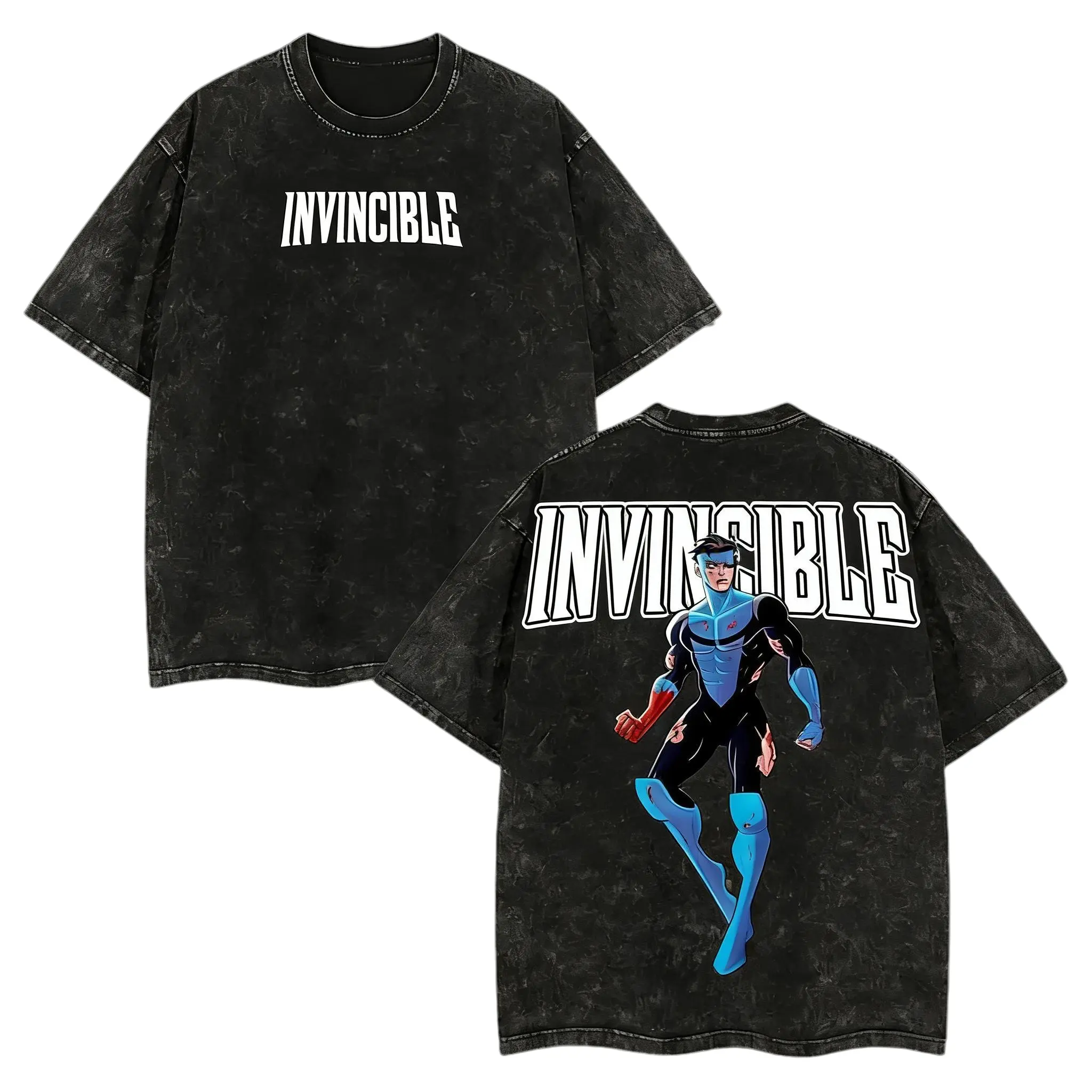 Men's Oversize Acid Washed Short-Sleeve Invincible TV Series Inspired Lightweight Graphic Tee - Round Neck, Loose Cut, Double Print, Comic Theme Casual Menswear Top, Machine Washable