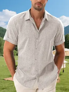 New Men's Summer Fashion Party Invisible Button Shirt, cream Casual Short Sleeve Top, Loose Outdoor Style Comfortable Coat