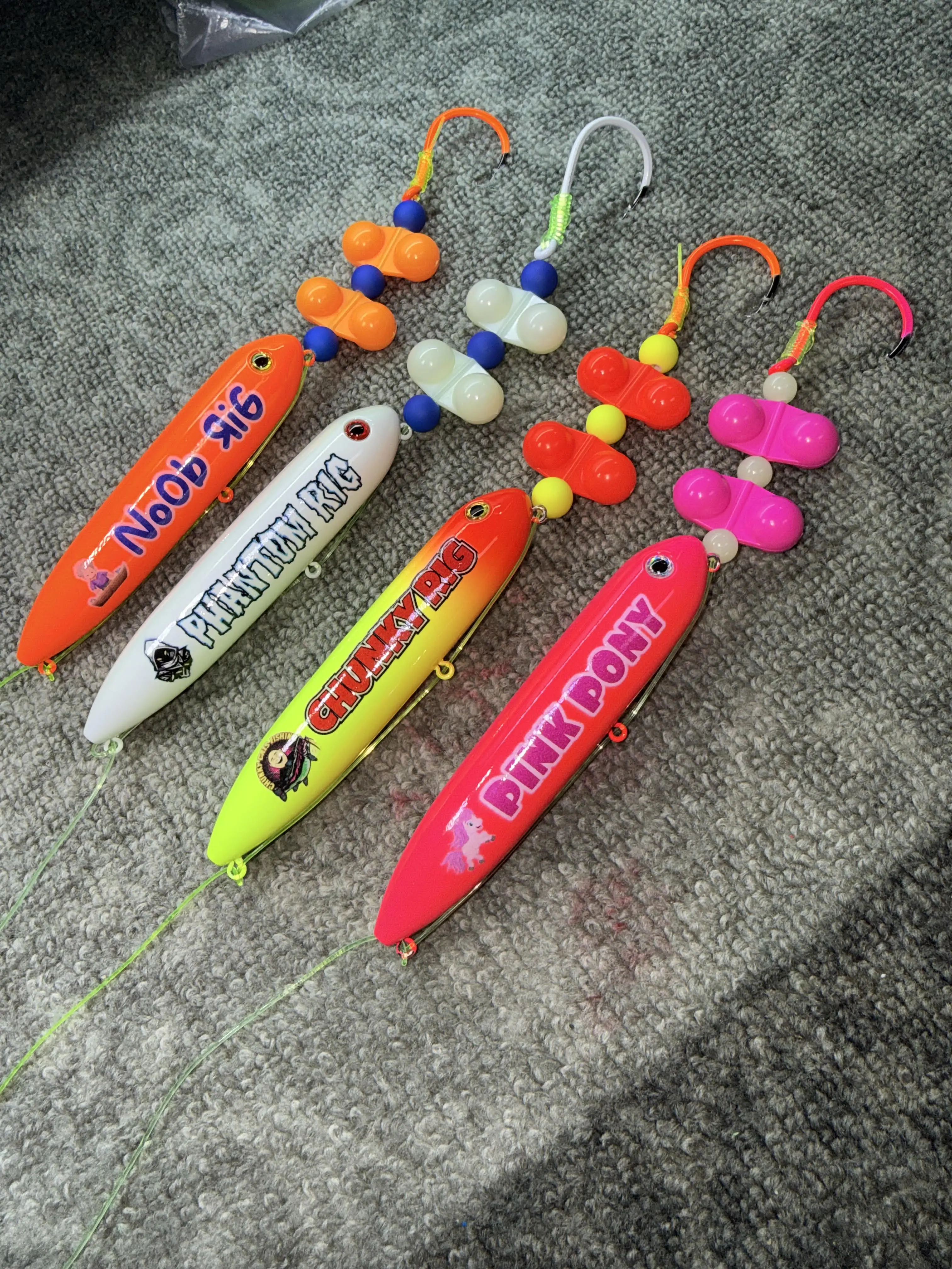 The Littles 4 Pack (11cm): Pink Pony, Chunky, Noob, and Phantom Rigs on 4/0 and 6/0 Hooks and 80 pound mono leader lines