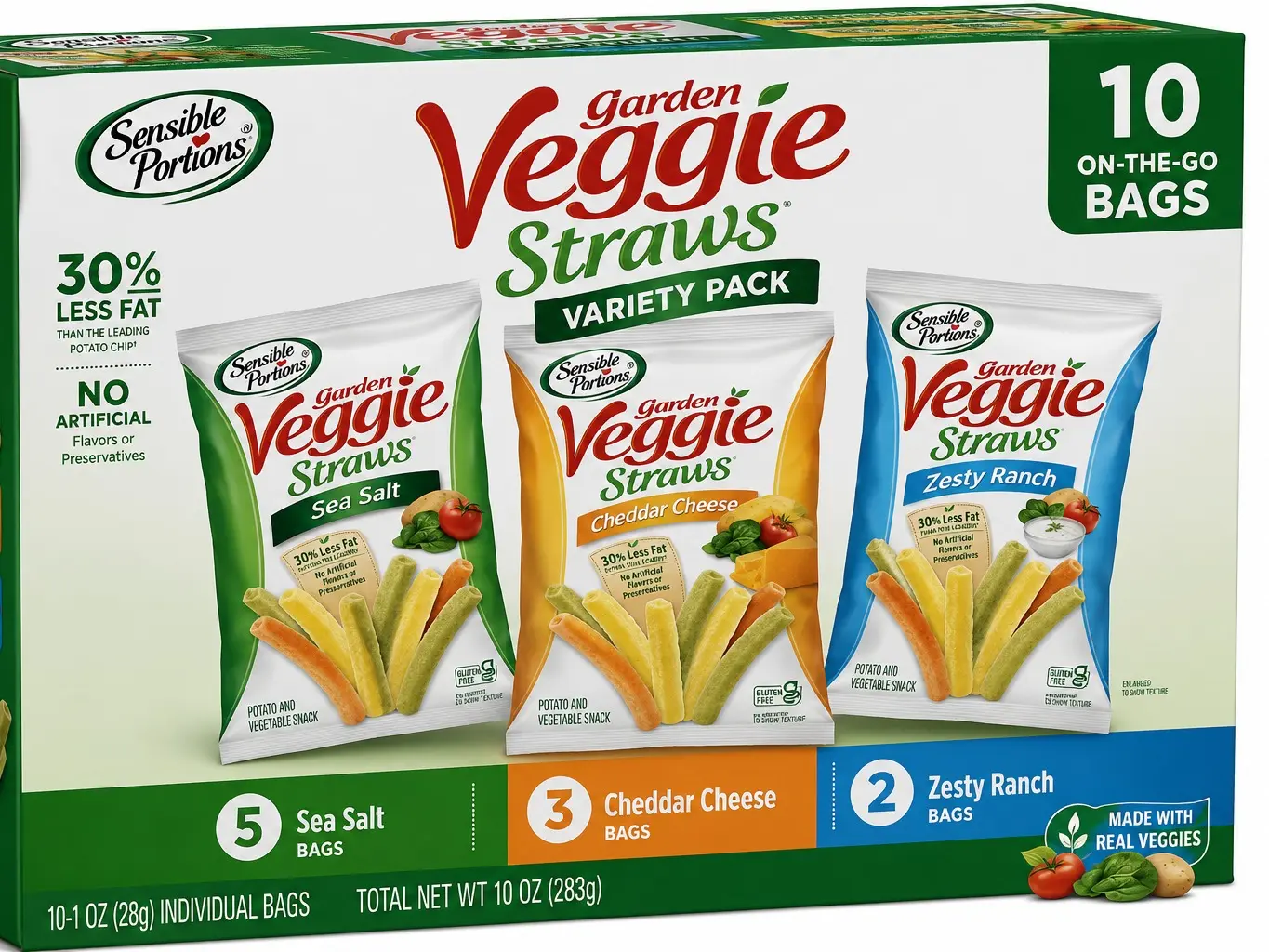 Sensible Portions Garden Veggie Straws Variety Pack, 10 Individual Snack Bags – Sea Salt, Cheddar Cheese & Zesty Ranch, Crunchy Vegetable Snacks for On-the-Go