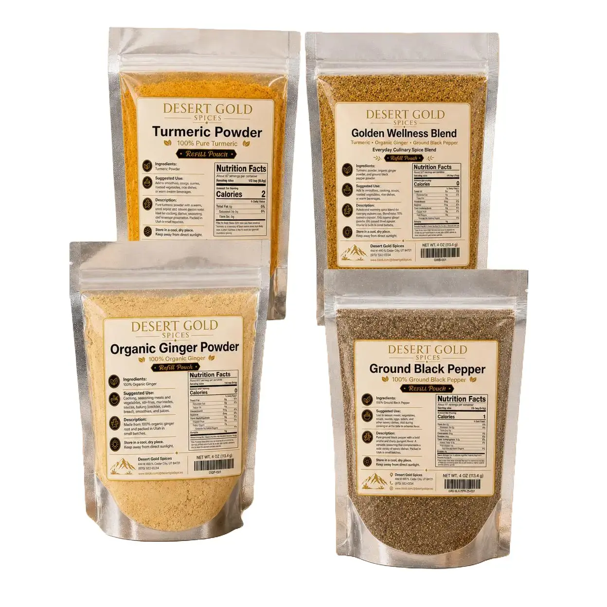 Desert Gold Spices 4-Pack Culinary Seasoning Bundle - Turmeric, Organic Ginger, Golden Blend, Black Pepper - 4x4 oz Resealable Refill Pouches, Pure Small-Batch Packed