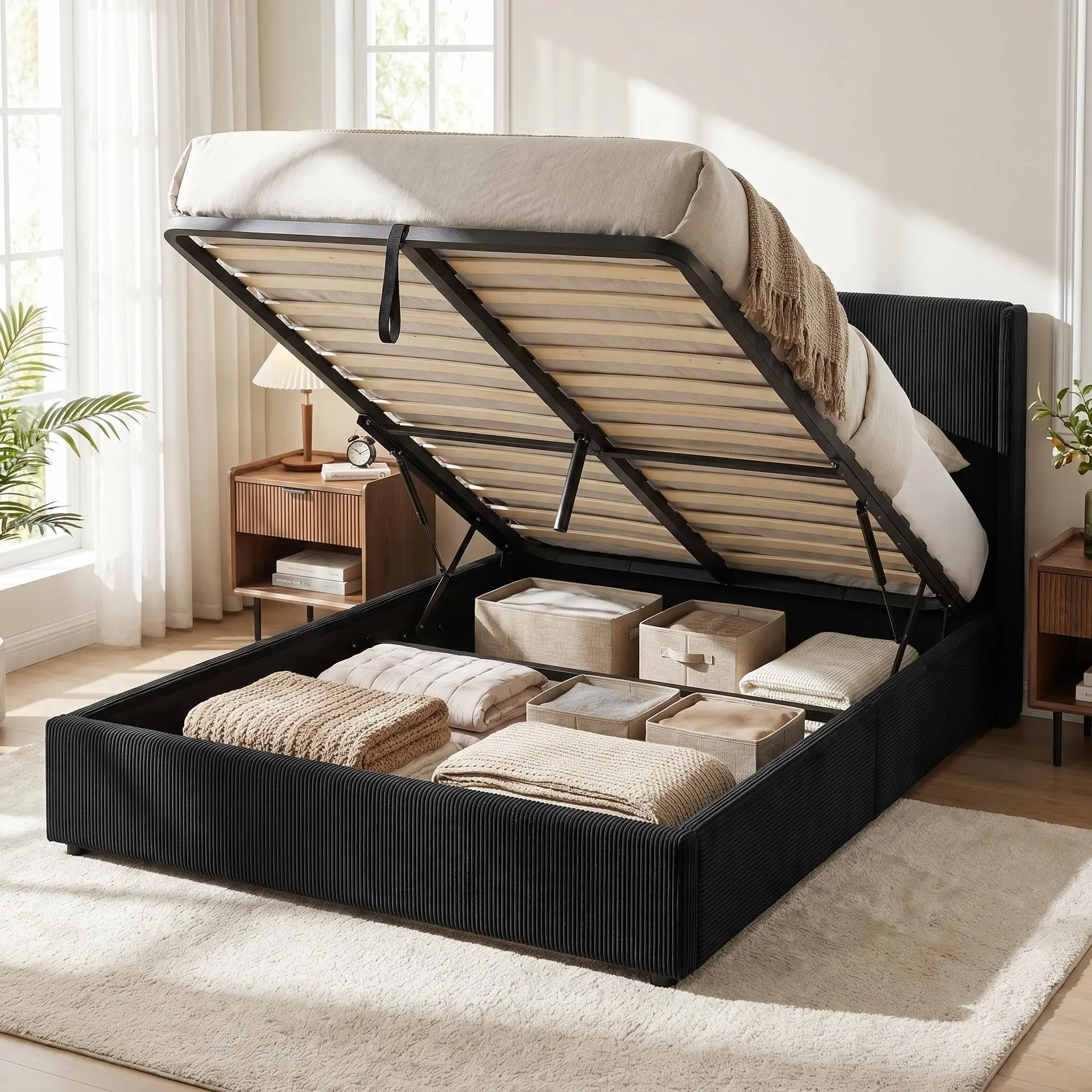 Queen / King / Full Size Lift Up Storage Bed Frame – Corduroy Upholstered Platform Bed with Gas Lift – Padded Headboard – Wooden Slat Support – No Box Spring Needed