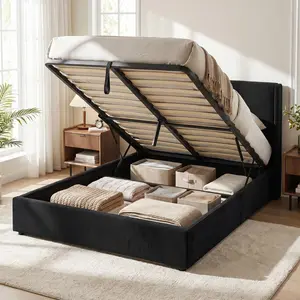 Queen / King / Full Size Lift Up Storage Bed Frame – Corduroy Upholstered Platform Bed with Gas Lift – Padded Headboard – Wooden Slat Support – No Box Spring Needed
