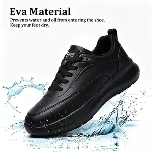 Black high-quality chef's work shoes, anti slip, waterproof, stain proof, oil proof, professional kitchen and work odor proof, comfortable and lightweight, tied shoelaces, adjustable elasticity, suitable for catering workers and outdoor sports