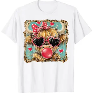 Cute Highland Cow Valentine T-Shirt with Heart Leopard Bow Coquette Aesthetic Casual Top