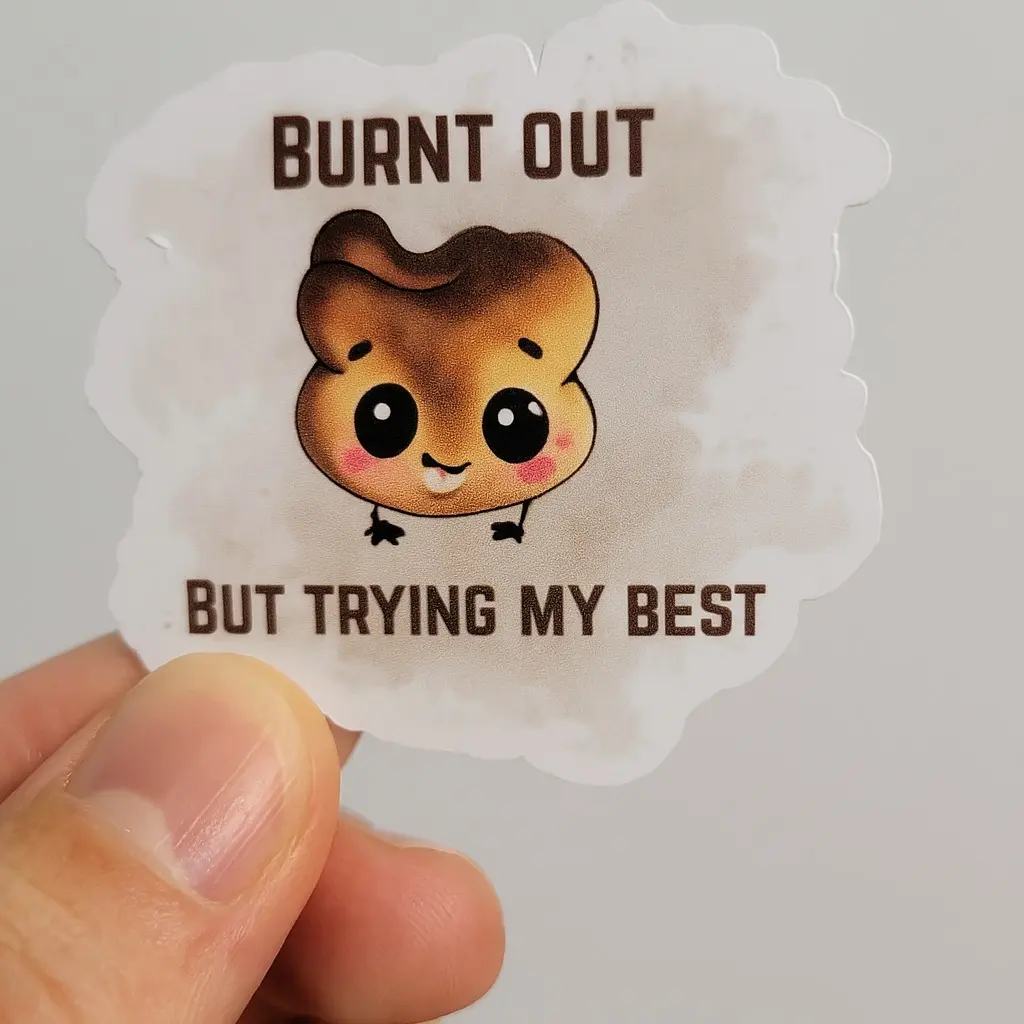 Burnt Out But Still Trying – Relatable Kawaii Toast Sticker