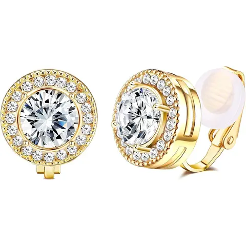 FASACCO Women's Non-Pierced Clip-On Hypoallergenic CZ Earrings - Lightweight Alloy Sparkling Ear Jewelry with 5A Cubic Zirconia, Crystal Halo, Elegant Daily Wedding Formal Birthstone Earrings with Box